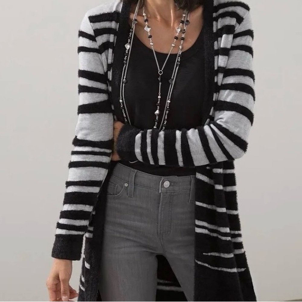 Chico's Black & Gray Striped Open-Front Cardigan